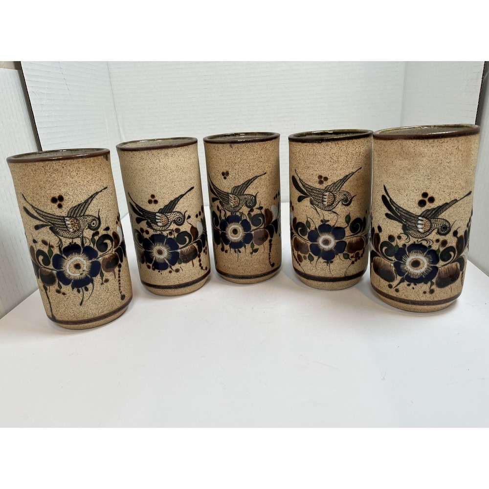Tonala Pottery Cups Painted Blue Flowers Bird Stone Ware Lot Of 5 Netzi Mexico